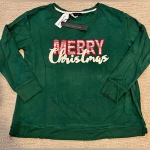 Merry Christmas Green Sweater Size L Jane+Delancey New